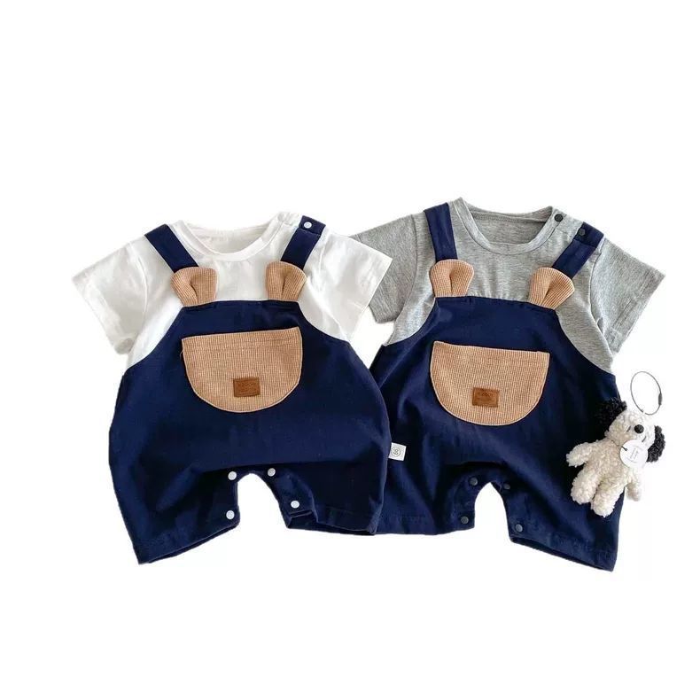 ベビー男の子ジャンプスーツ、クマフェイクツーピース半袖夏ロンパース、ベビーお出かけ服、ポケット、おしゃれなお尻カバー|undefined
