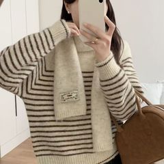 温柔风圆领拼色条纹套头毛衣女2025秋冬新款宽松百搭针织衫赠围巾