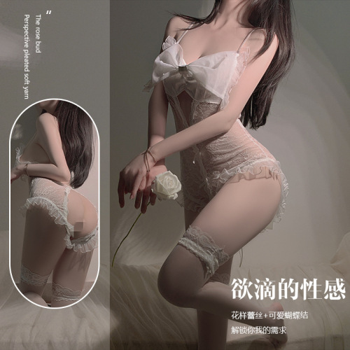 Gorgeous sexy lingerie, pure desire, see-through lace open-flap, no-take-off bow jumpsuit, bed uniform set 2723