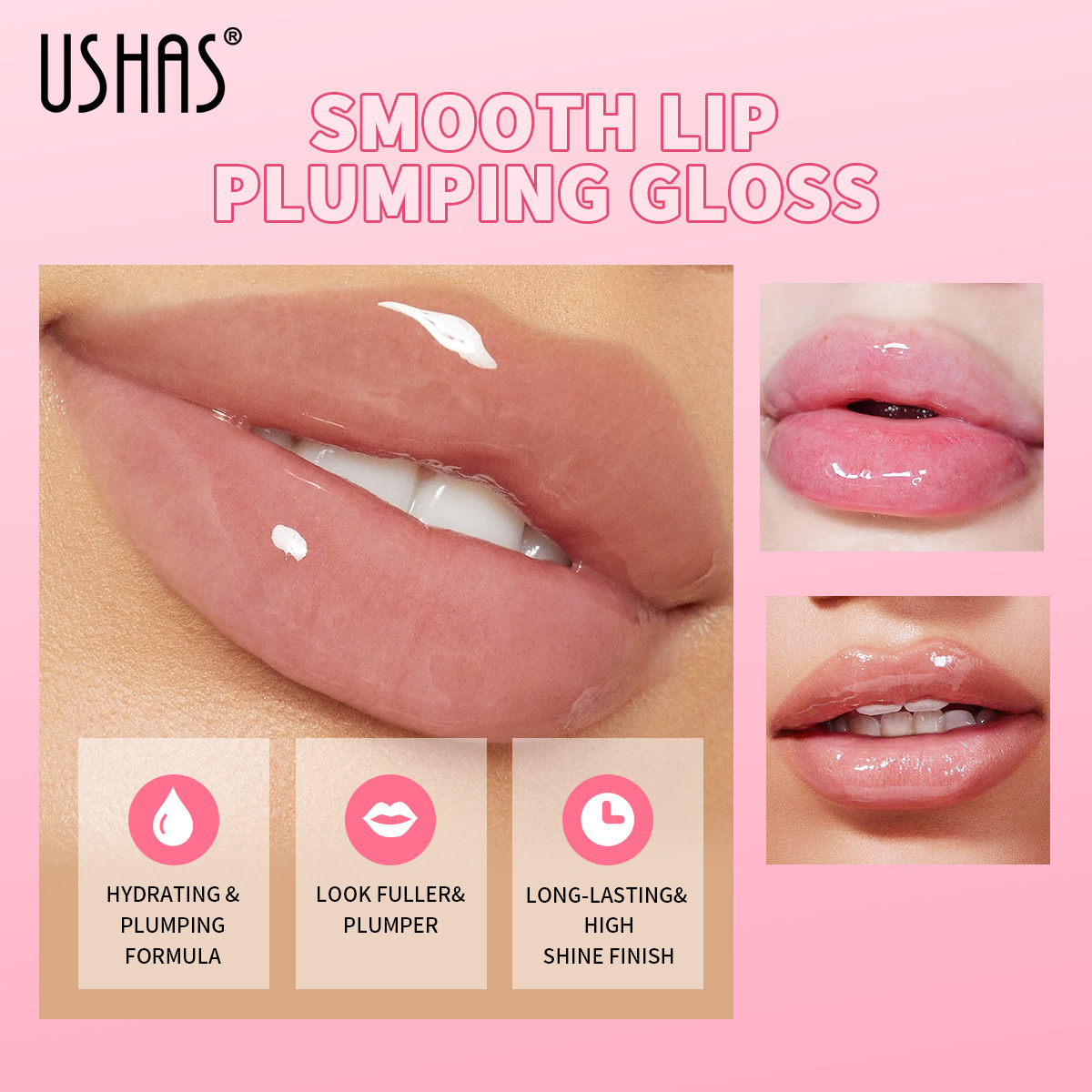 USHAS Olio labbra liquido lucidante a lunga tenuta a 3 colori con confezione in scatola_voghion.com