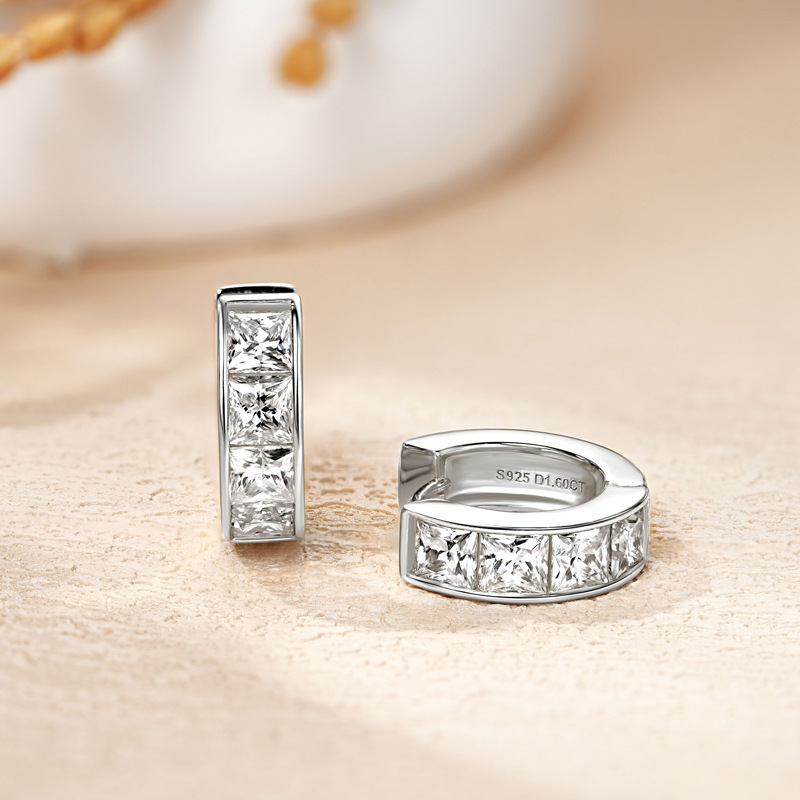 Chic Women's Moissanite Diamond Earrings in Sterling Silver, Sparkling Square Ear Ornaments