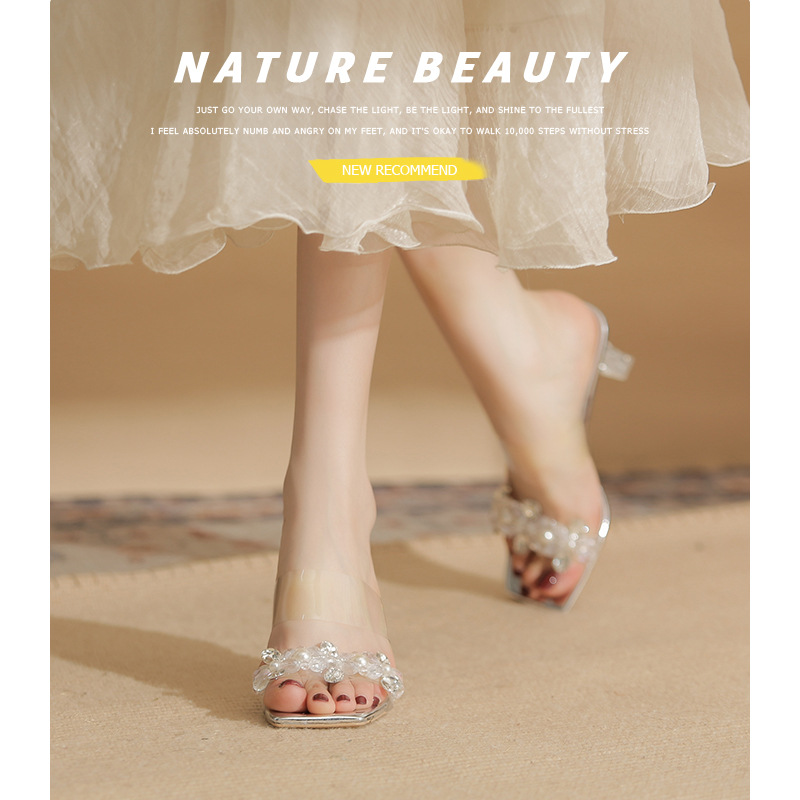 7315 Women's High-Heeled Slippers 2026 Summer New Transparent Crystal Heel Square-Toed Thin-Heeled Sandals_vogvips.com