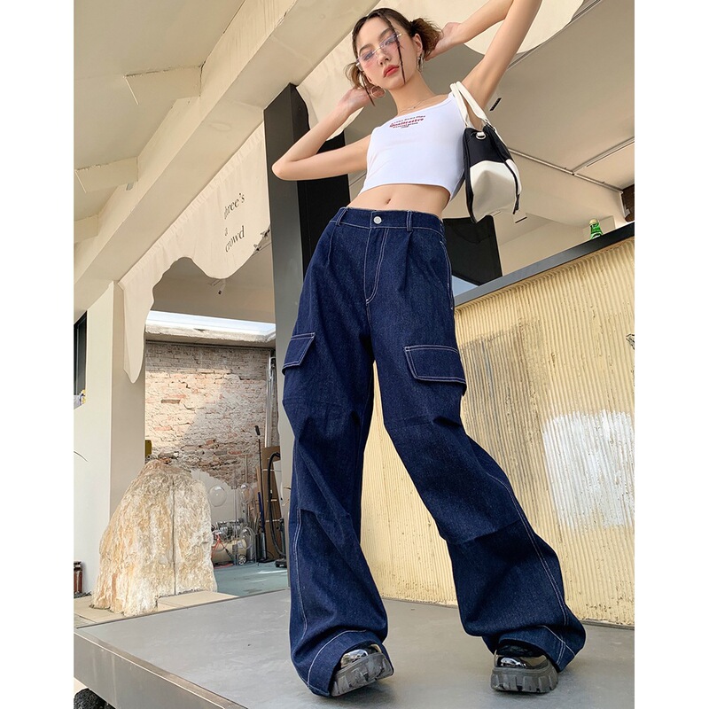 Spring and Summer New Trendy Retro Oversized Jeans, Loose Floor-Length Wide-Leg Pants, Workwear Long Pants for Women, Autumn