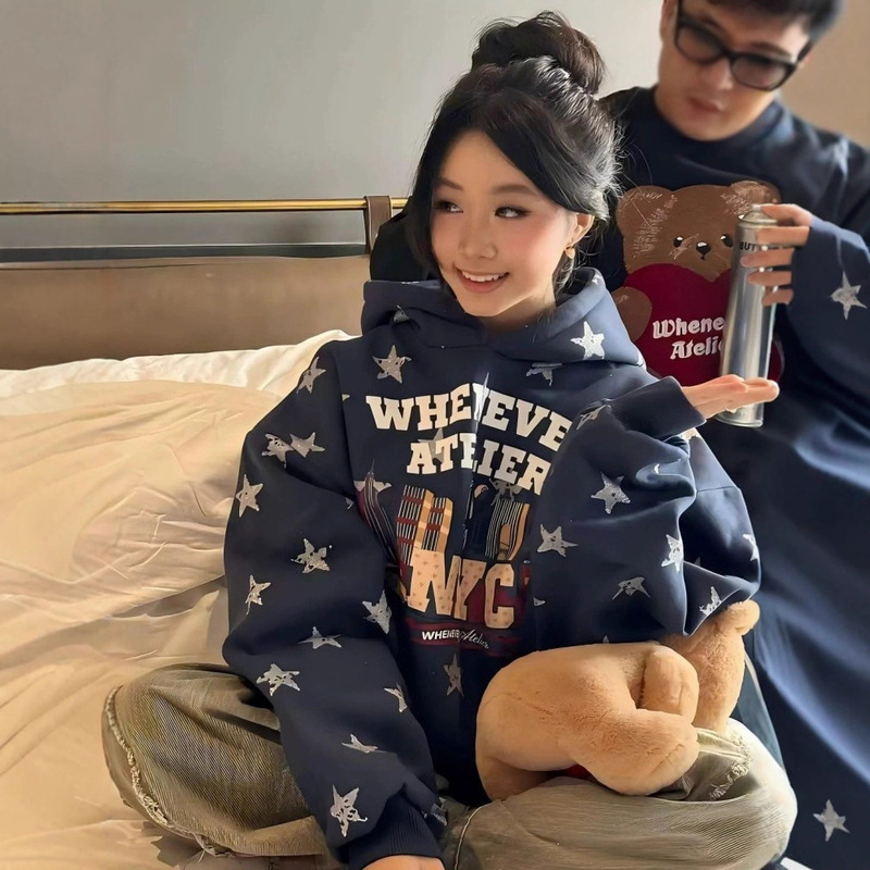 Current H American Retro Star Letter Digital Print Street Style Hooded Sweatshirt 2025 Autumn Women's Vintage Top