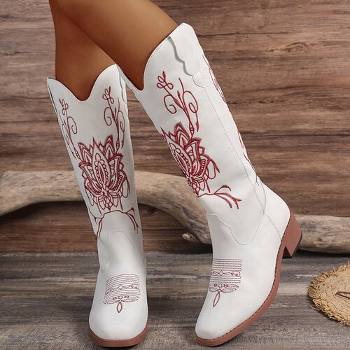 Fashionable over-the-knee boots with embroidery for women, suitable for autumn and winter, square heel, round toe