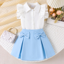 kids clothing跨境专供欧美童装女童装白色衬衫+蓝色短裙宝宝童装
