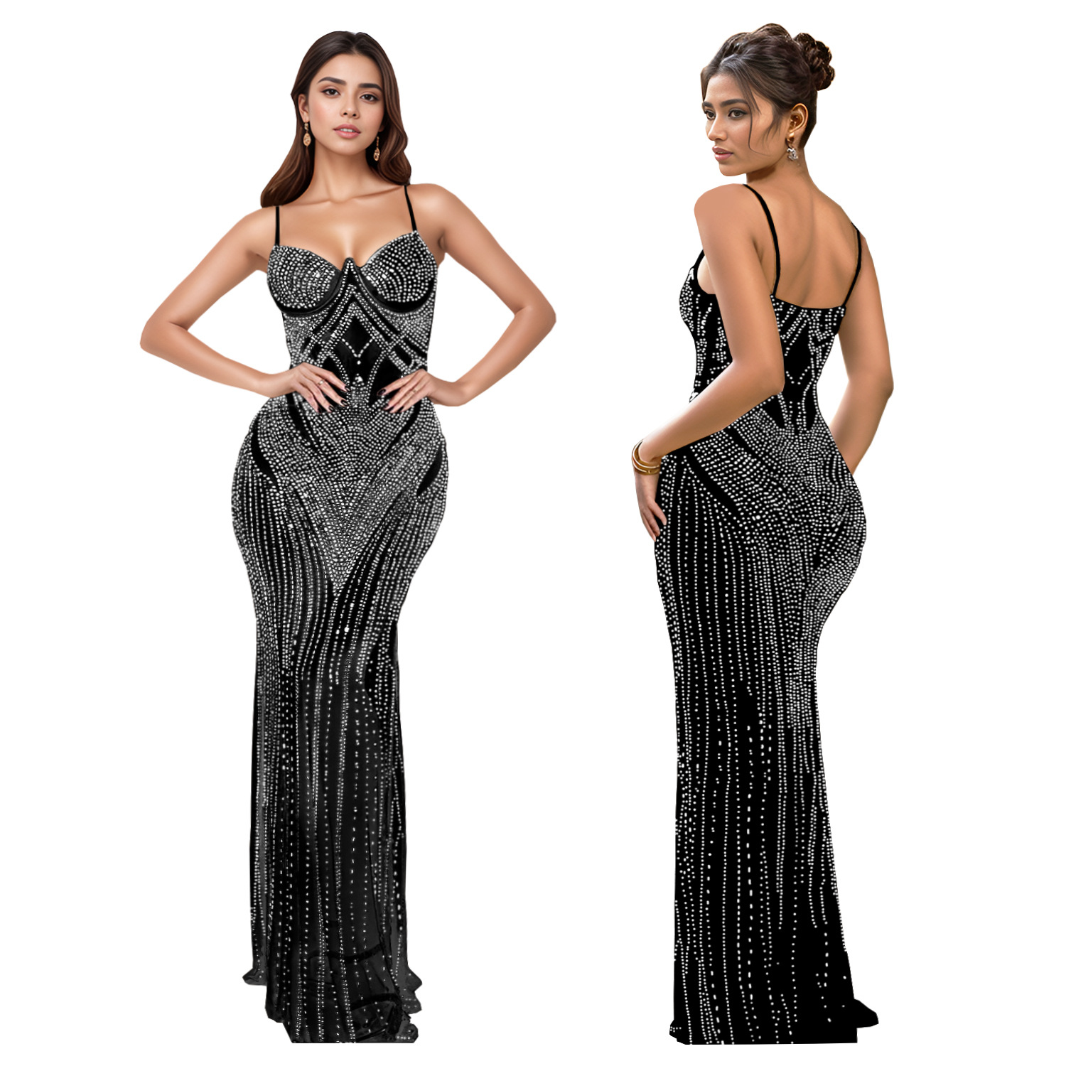 Damen Abendkleid Mit Strass Ärmellos Für Party Und Abschlussball_voghion.com