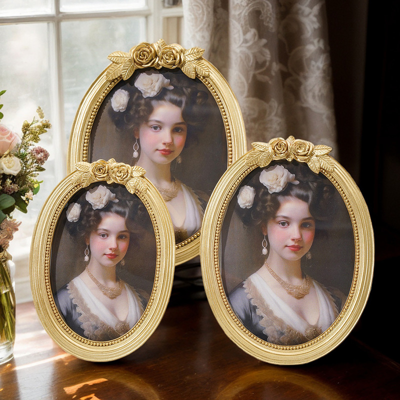 Cross-Border Hot-Selling Oval Gold Resin Photo Frame Ornaments Creative Combination for Living Room Entrance Wall European-Style Retro Photo Frame Cross-Border Hot-Selling Oval Gold Resin Photo Frame Ornaments Creative Combination for Living Room Entrance Wall European-Style Retro Photo Frame