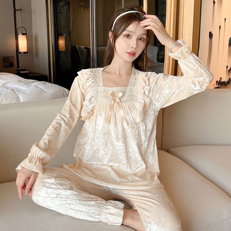 Otoño nuevo terciopelo dorado color sólido pijama de manga larga encaje cuello cuadrado princesa ropa de casa primavera set transfronterizo