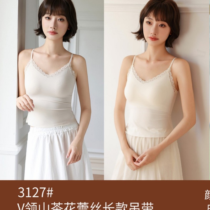 2025秋冬新款山茶花蕾丝吊带背心女带胸垫内搭中长款无痕抹胸上衣|undefined