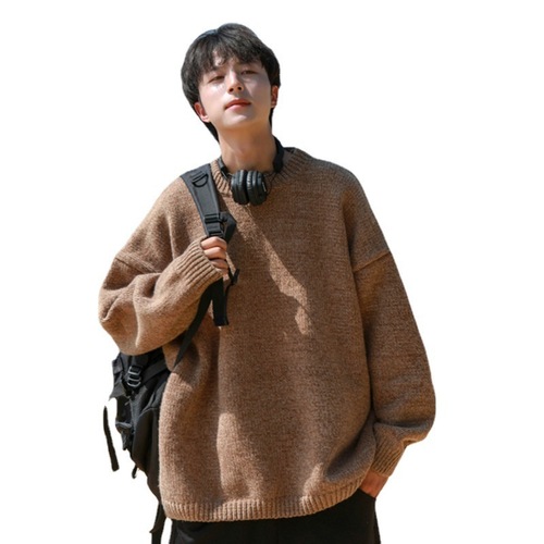 Men's Winter Thick Crew Neck Knit Sweater, Japanese Retro Loose Casual Style Linen Jacket