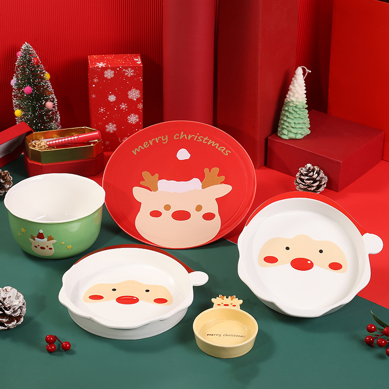 New Christmas elk dinner plate Santa Claus tableware suit cartoon cute ceramic bowl dish factory wholesale