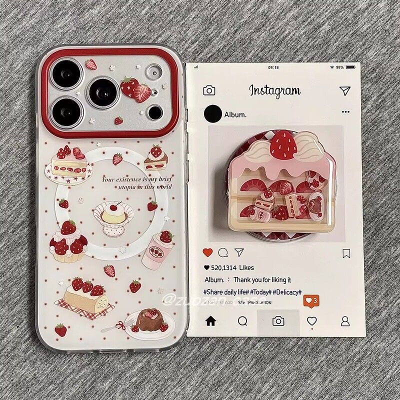 Strawberry Cake Magnetic Stand Suitable for Apple 17 Pro Max Full-Cover Precision Hole iPhone 16 New Model 15 Phone Case Strawberry Cake Magnetic Stand Suitable for Apple 17 Pro Max Full-Cover Precision Hole iPhone 16 New Model 15 Phone Case