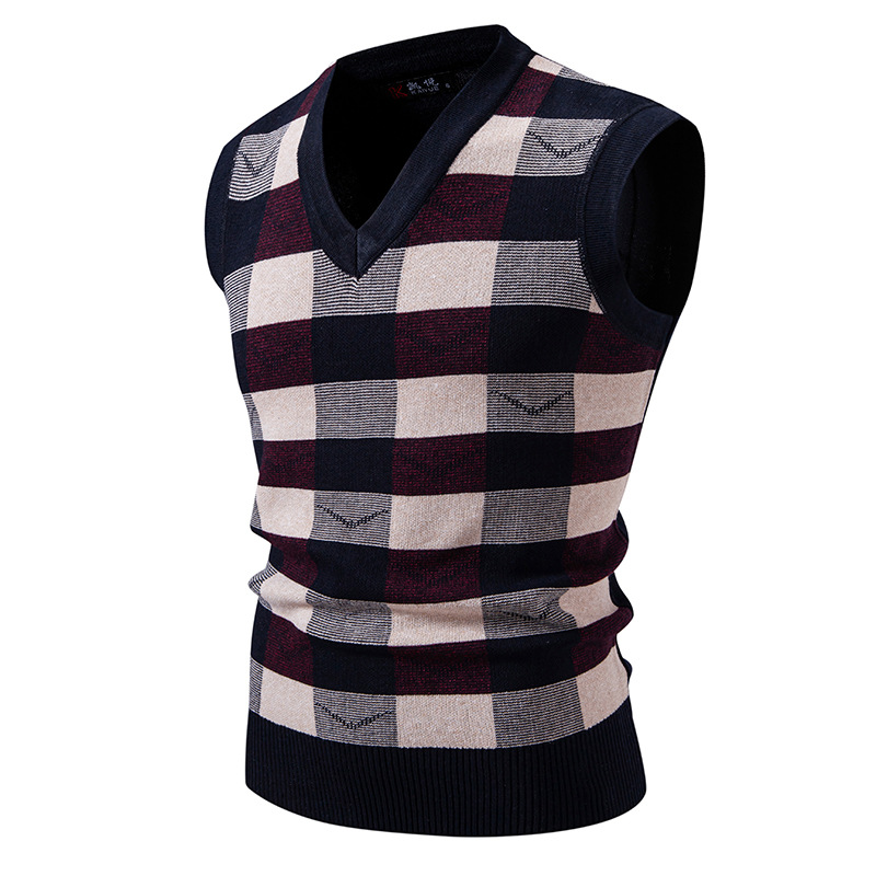 Gilet sans manches en maille pour homme, idéal pour l'automne et l'hiver. Coupe ajustée, col en V, sans manches, motif jacquard. Disponible en coloris uni et à carreaux._voghion.com