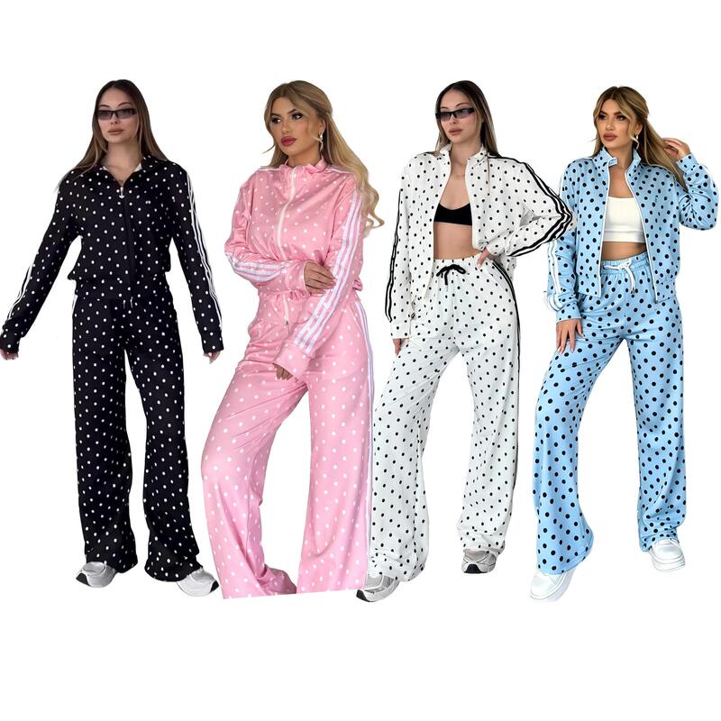 High-end polka dot casual sports suit, stand-up collar zip-up jacket, high-waisted wide-leg pants fashion set Q6396 High-end polka dot casual sports suit, stand-up collar zip-up jacket, high-waisted wide-leg pants fashion set Q6396