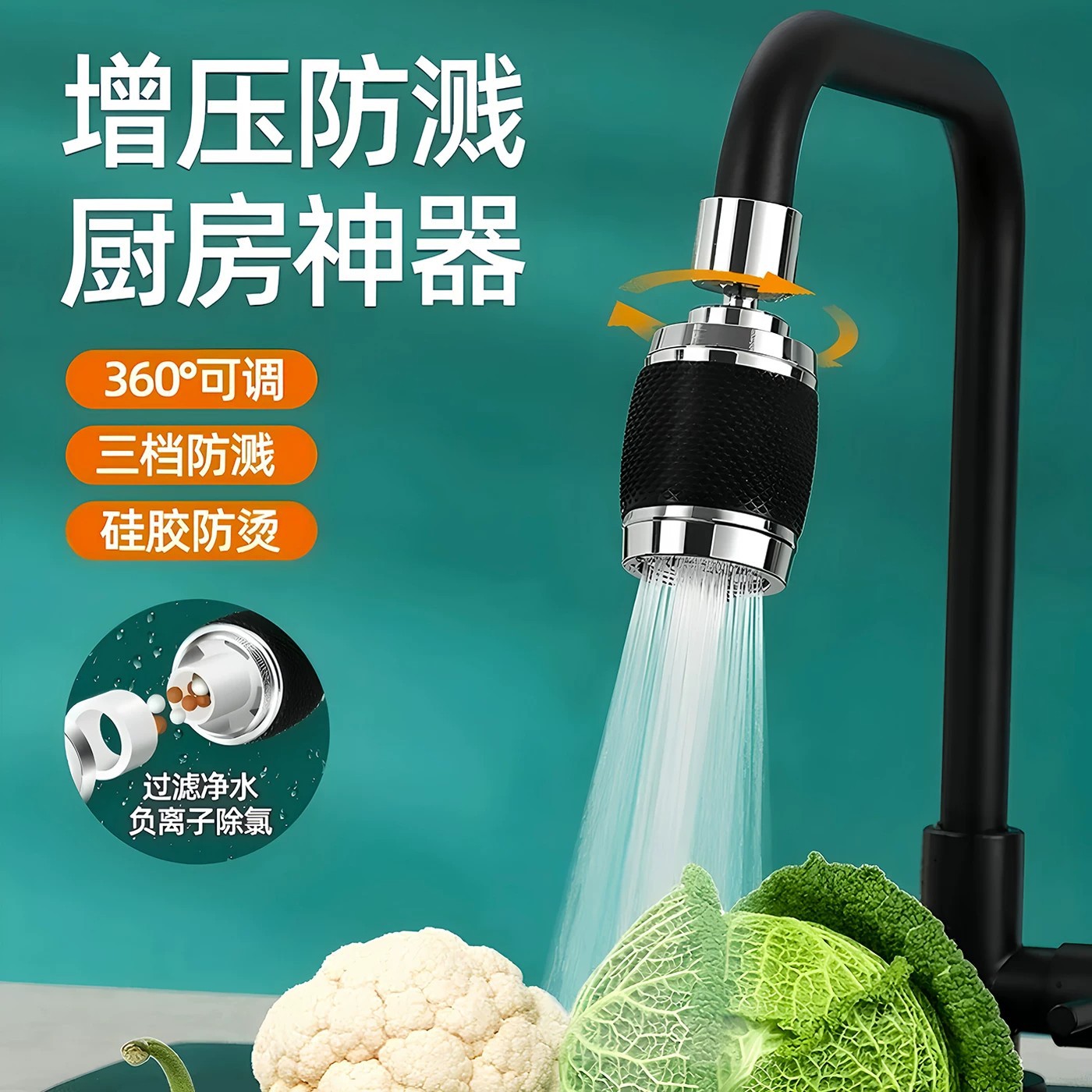 Kitchen faucet water filter extension, pressure-boosting, anti-splash device, extendable, universal, and rotatable for use with kitchen sinks