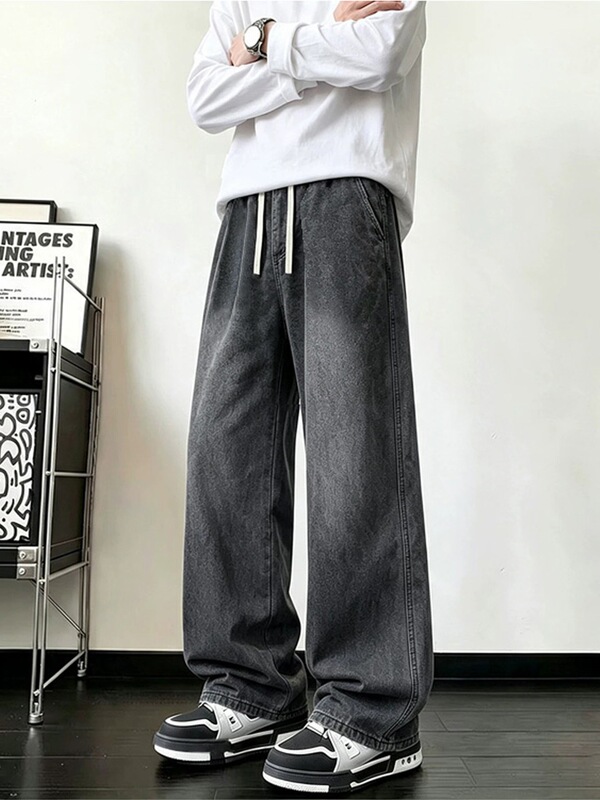 Trendy washed denim pants for autumn, simple and loose straight-leg style, black and gray, men's retro oversized wide-leg jeans