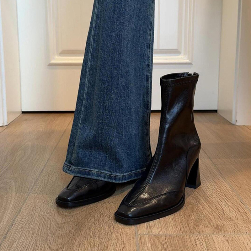 Short Boots for Women with High Heels 2025 Autumn and Winter New Thick Heel French Square Toe Slim Boots Versatile Retro Style Brown Short Boots