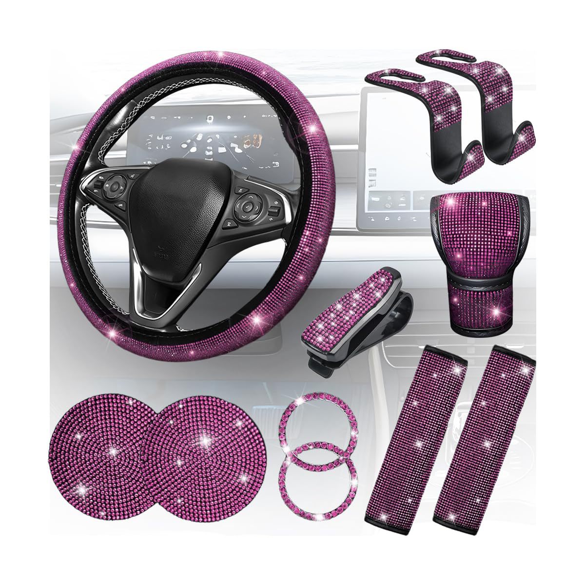 11-Piece Car Interior Set with Diamond-Encrusted Steering Wheel Cover, Car Hook, Glasses Holder, One-Touch Start Ring