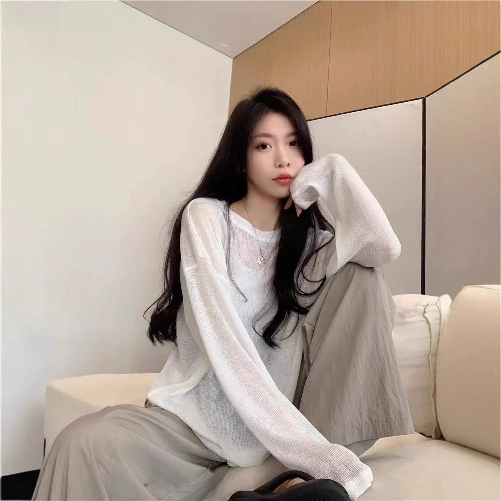 [Оригинальная ткань] Ленивый ветер тонкий длинный рукав солнцезащитная футболка женская летняя свободная тонкая рубашка с кондиционером для отдыха