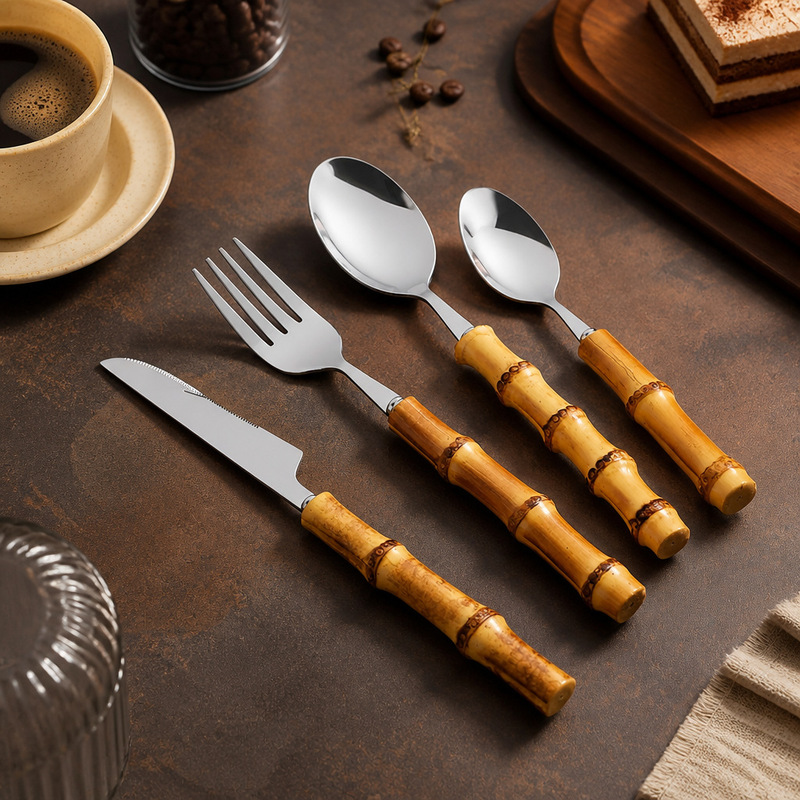 430 Stainless Steel Natural Bamboo Handle Cutlery Western-Style Steak Knife, Fork, and Spoon Creative Trendy Cutlery Dessert Spoon 430 Stainless Steel Natural Bamboo Handle Cutlery Western-Style Steak Knife, Fork, and Spoon Creative Trendy Cutlery Dessert Spoon