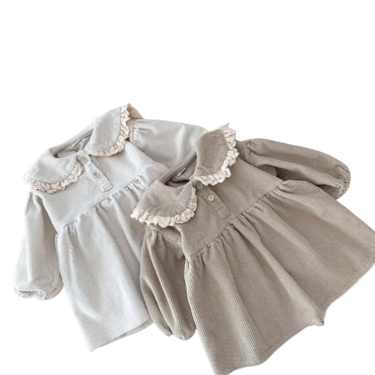 Falda de camisa de pana de algodón para bebés de estilo coreano para niñas ins underskirt de solapa de encaje casual para niños