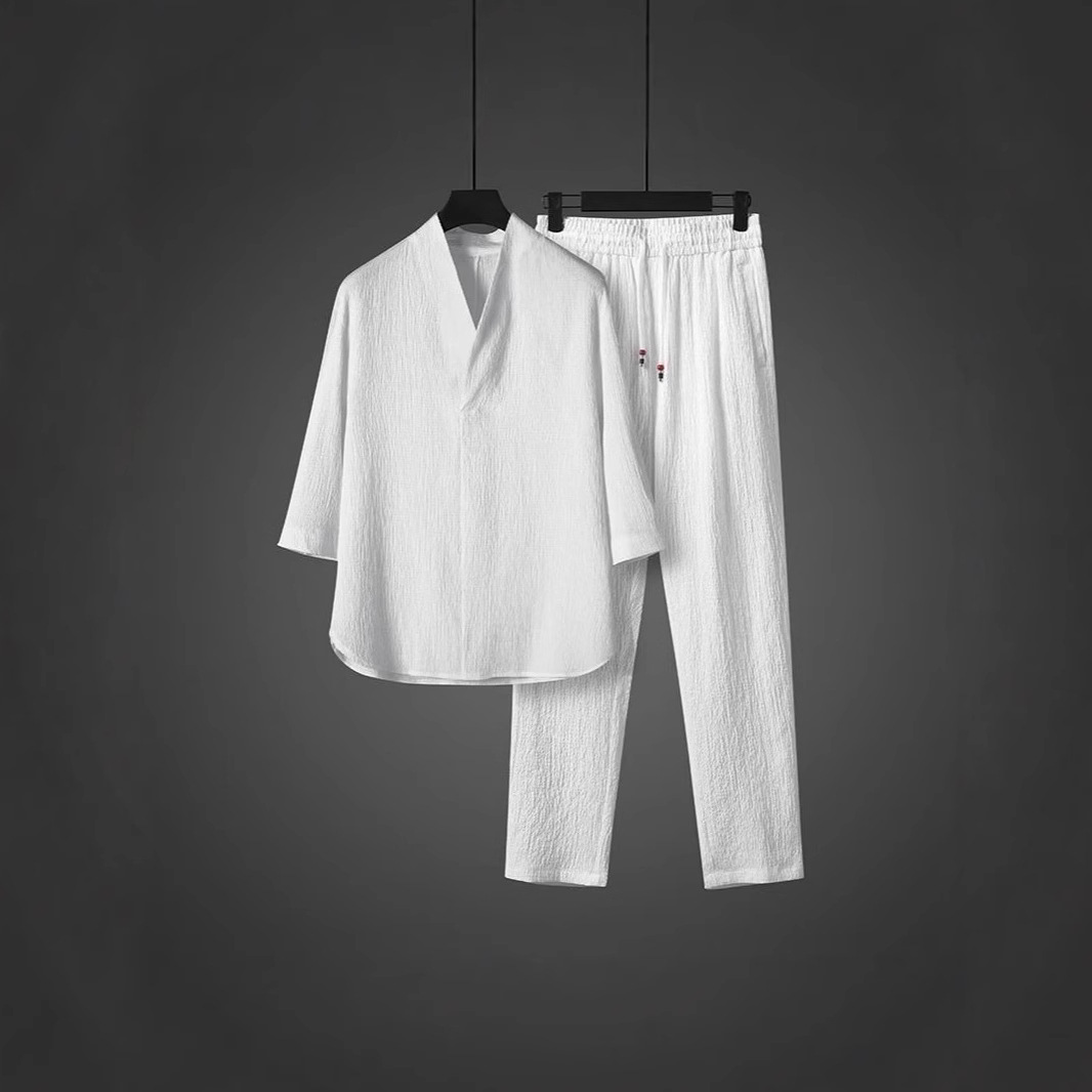 Ethnic Style Summer Thin Seven-point Sleeve Casual Ice Silk suit Men's Two-piece Set Youth Loose Mid-sleeve T-shirt Sports