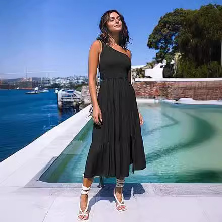 2024 European and American Cross-Border New Women's Summer One-Shoulder Sleeveless Ruched Mid-Length Dress with Layered Hem and Slit