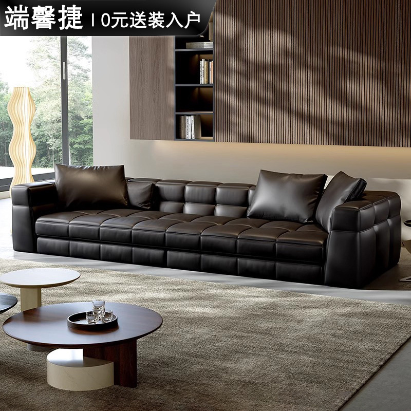 Sofá de cuero Braser minimalista de estilo italiano, sala de estar, primera capa de tres asientos, sofá de cuero amarillo, gran piso plano de villa