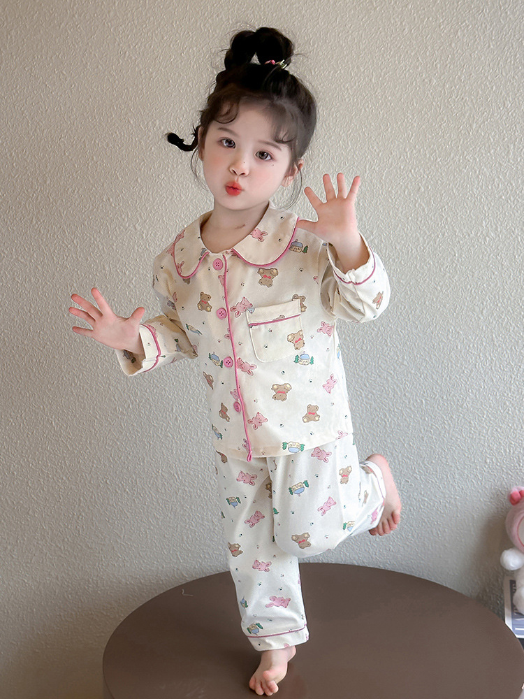 Pijamas para niñas primavera y otoño 2025 nuevo estilo cuello de muñeca para niños traje de servicio a domicilio de manga larga traje de dos piezas de otoño para bebés