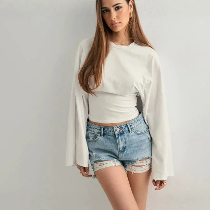 2026 European and American cross-border women's new fashion round neck, straight shoulder, wide sleeve, waist-cinching, sexy long-sleeve T-shirt, solid color top for women 2026 European and American cross-border women's new fashion round neck, straight shoulder, wide sleeve, waist-cinching, sexy long-sleeve T-shirt, solid color top for women