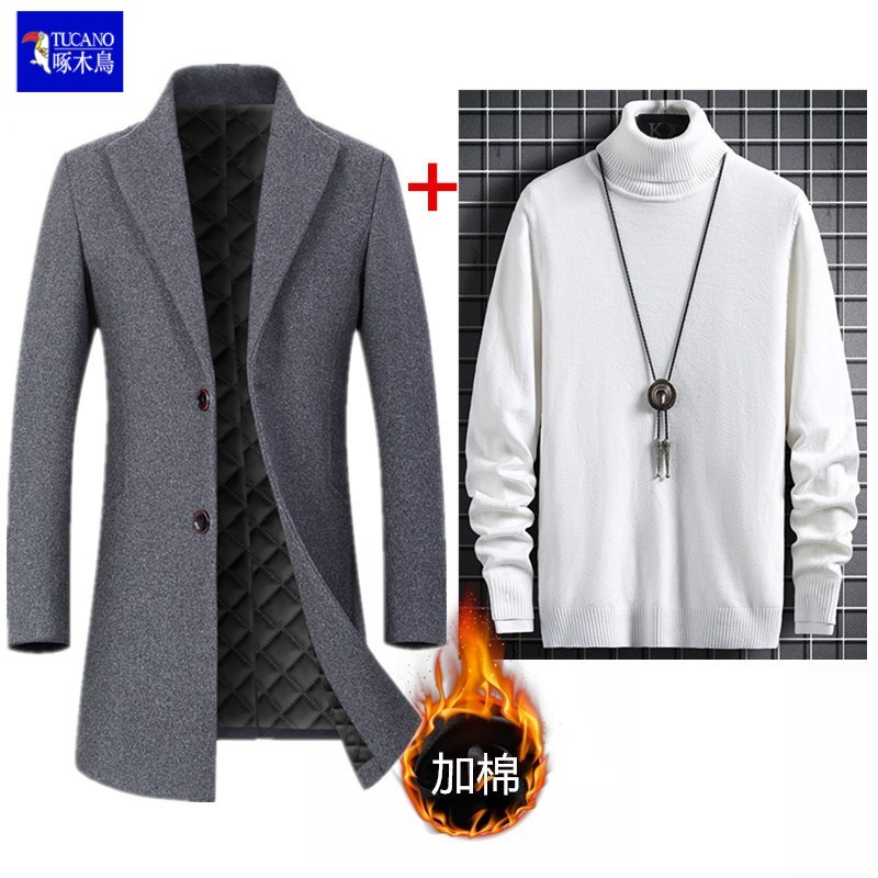 啄木鸟冬装毛呢大衣男士中长版韩版修身英伦中青年毛呢子风衣外套