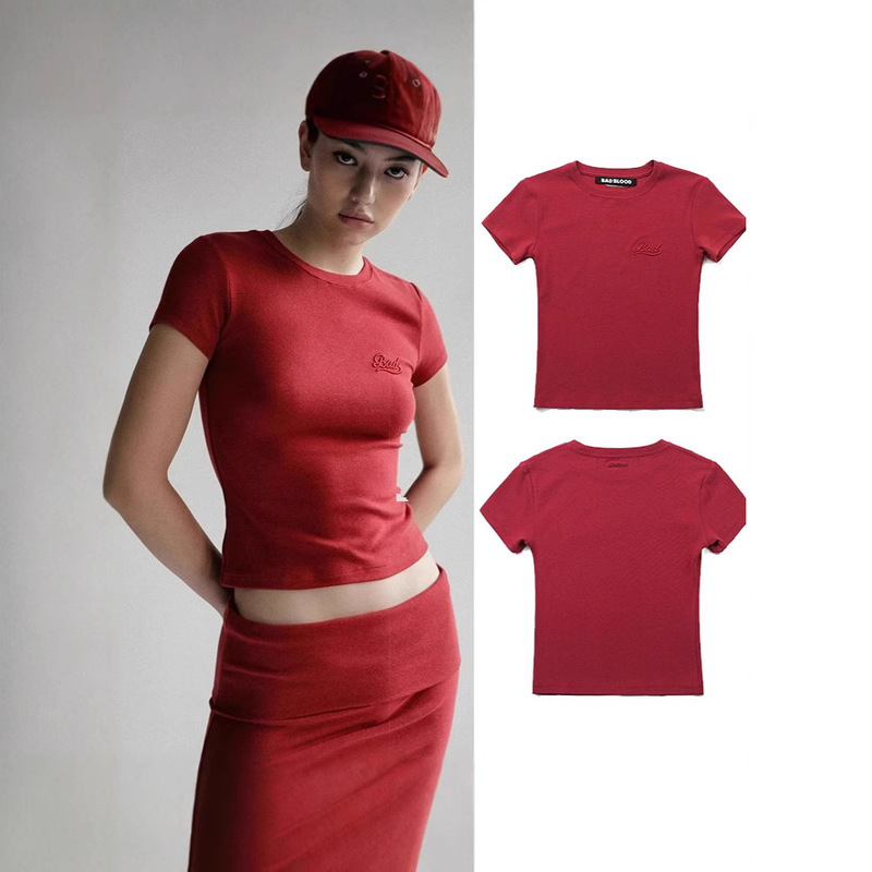 badblood Shoulder Short T-shirt Women's Short Sleeve American Style Hot Girl Design Sense Simple Slim Embroidered Top Summer