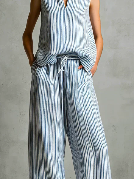 2026 European and American Amazon Women's Casual Blue and White Striped Woven Sleeveless V-Neck Top with Long Pants Two-Piece Set