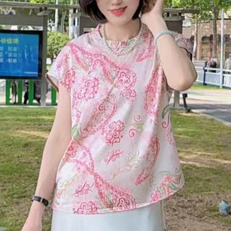 新しい中国風の女性の夏の新しいルーズでスリムなハイエンドジャカードサテンレトロな中国風のボタン付きトップ半袖|undefined