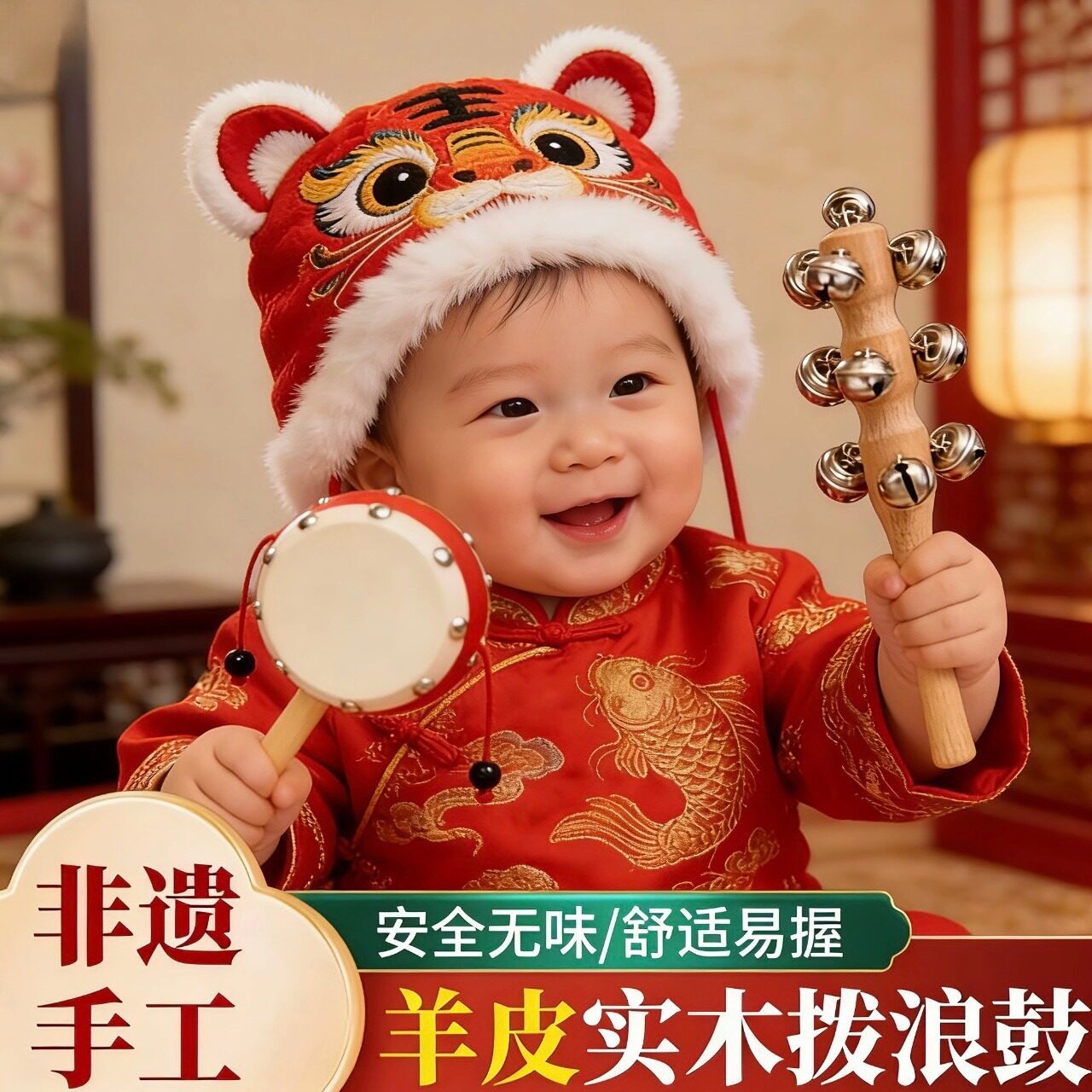 工厂批发羊皮拨浪鼓传统哗啦棒婴幼儿童宝宝乐器木质新生儿手摇鼓