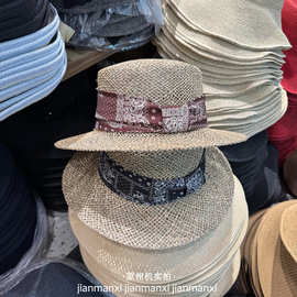腰果蝴蝶结草帽女士夏季复古草编平顶礼帽2026新款沙滩遮阳防晒帽