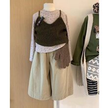 女童套装秋装2025新款女孩碎花长袖恤打底衫叠穿针织吊带阔腿裤