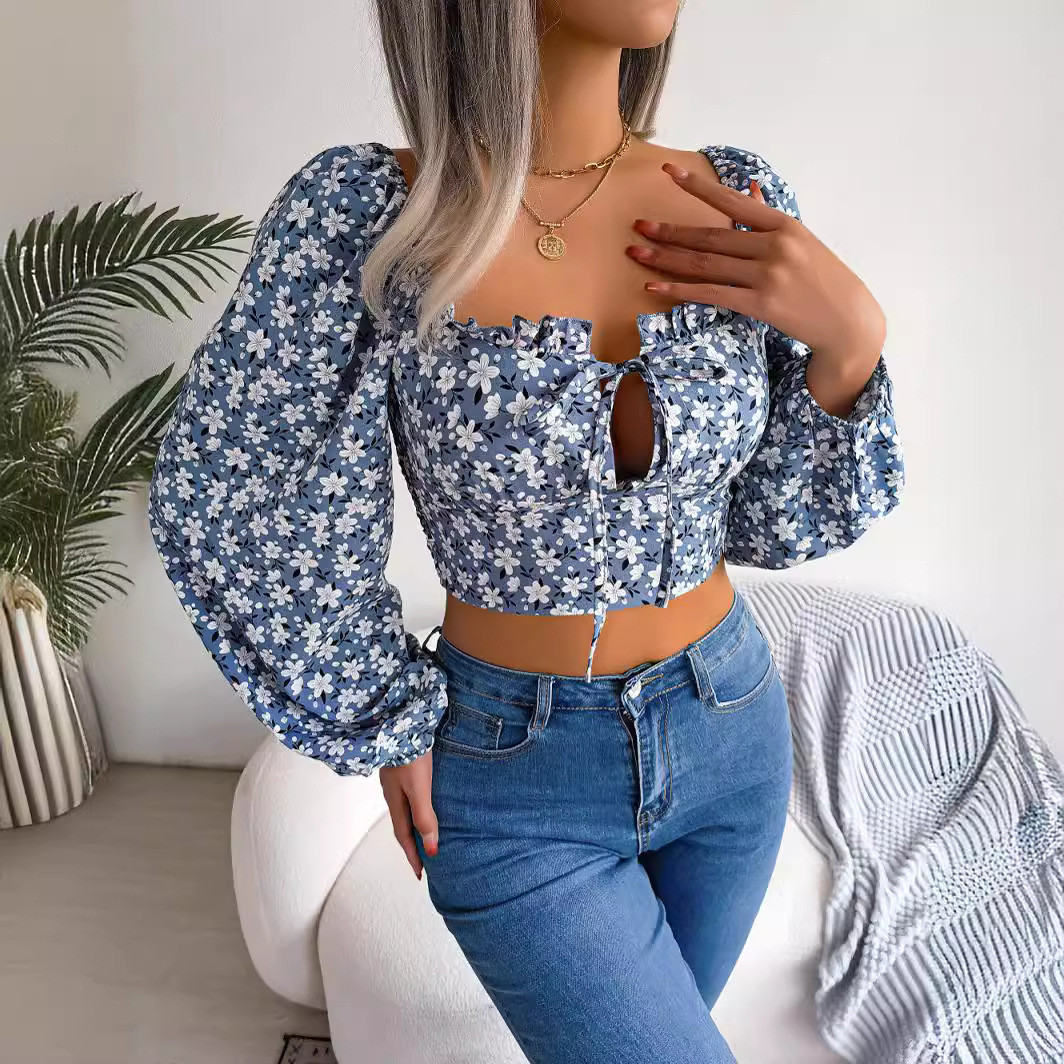 Dames crop top met bloemenprint, ruches en strik aan de voorkant, mouwloze chiffon blouse, zomerse sexy mode_voghion.com