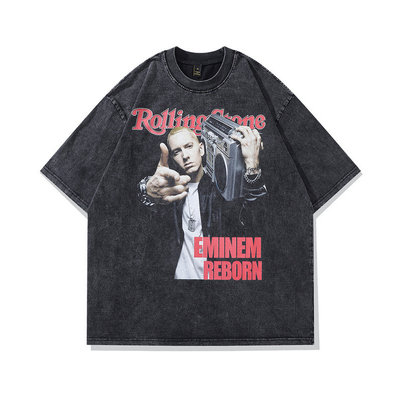 American-Style Men's Vintage Half-Sleeve Eminem Retro Portrait T-Shirt Vintage Printed Short-Sleeve Tee Hip-Hop