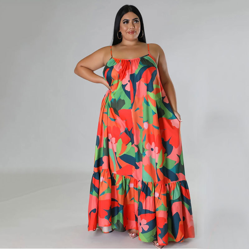 A-line Skirt Casual Collarless Printing Pleated Sleeveless Flower Maxi Long Dress Daily display picture 3
