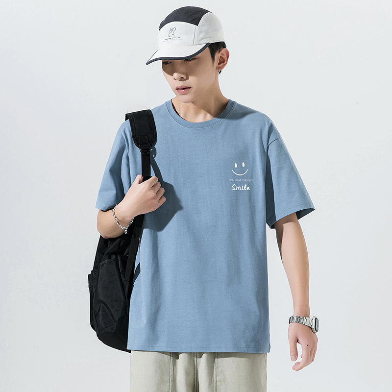 Short-Sleeved T-Shirt for Men 2026 Summer New Style Cotton T-Shirt with Smiley Face Print Loose Men's Clothing Men's T-Shirt Versatile Top Breathable