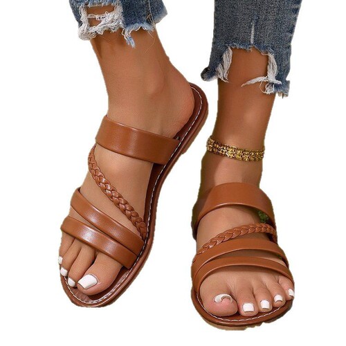 Women's Spring and Summer New Fashion Lightweight Solid Color Woven Flat Sandals for Outdoor Wear and Wide Feet