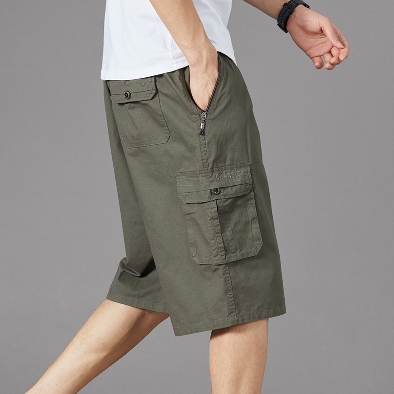 Capri Pants Men's Cordwork Pants Summer Casual Pure Cotton Shorts Multi-Bag Large Top Zipper Large Pants