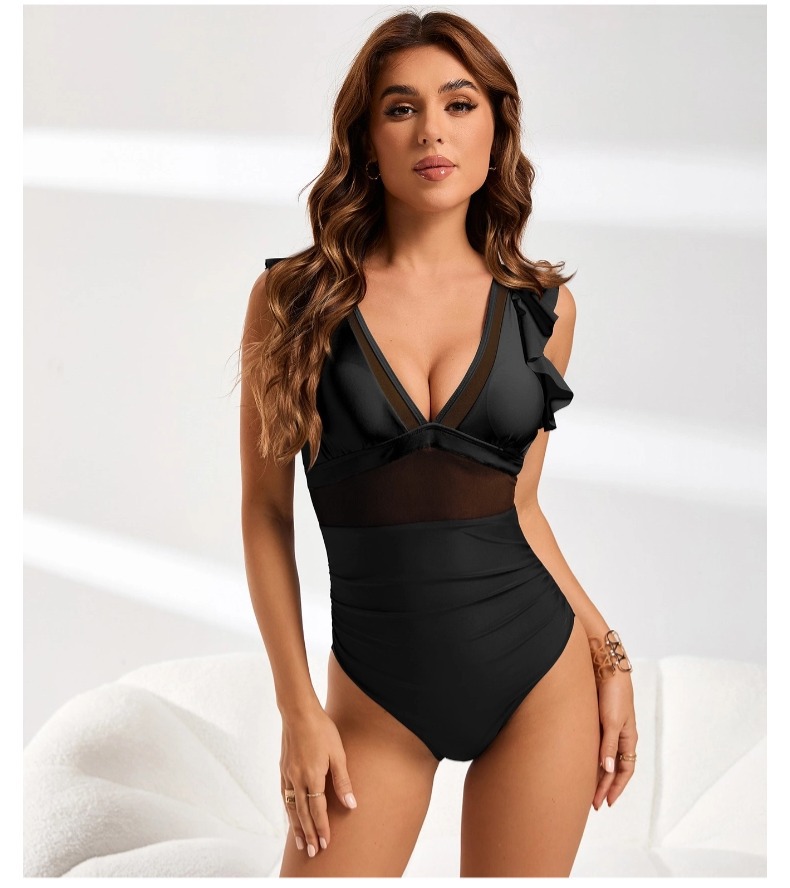 2025 color sólido hilo de malla de borde de loto unido trajes de baño femeninos sensación profunda V reunido trajes de baño femeninos alta velocidad de resorte seco