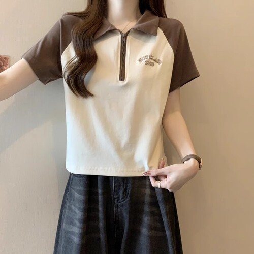 New Colorblock Shoulder-Strap Short-Sleeve Polo Collar T-Shirt for Women - Summer American Retro Hot Girl Short Top High-Waisted Top for Slimming