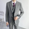韩版修身男士双排扣马甲西服三件套英伦风绅士格子纹西装套装时尚|ms