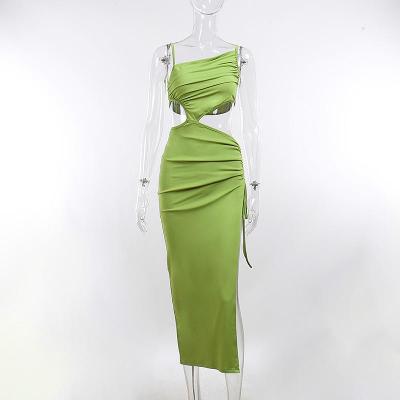 Solid Color Pattern Wholesale Women's Elegant Sexy Pleated Hollow Out Solid Color Holiday Cocktail Party Oblique Collar Sleeveless Slit Dress