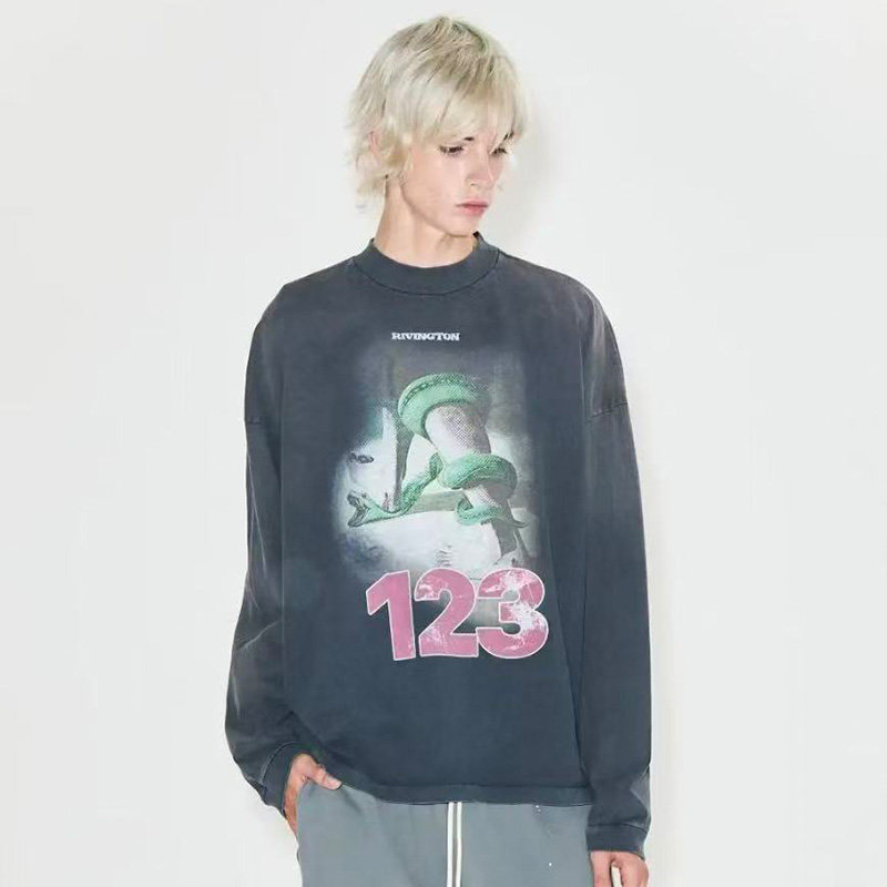 Rivington Roi Rebis Warrior Snake Print Washed Vintage Long-Sleeve T-Shirt Unisex Trendy Brand Rivington Roi Rebis Warrior Snake Print Washed Vintage Long-Sleeve T-Shirt Unisex Trendy Brand