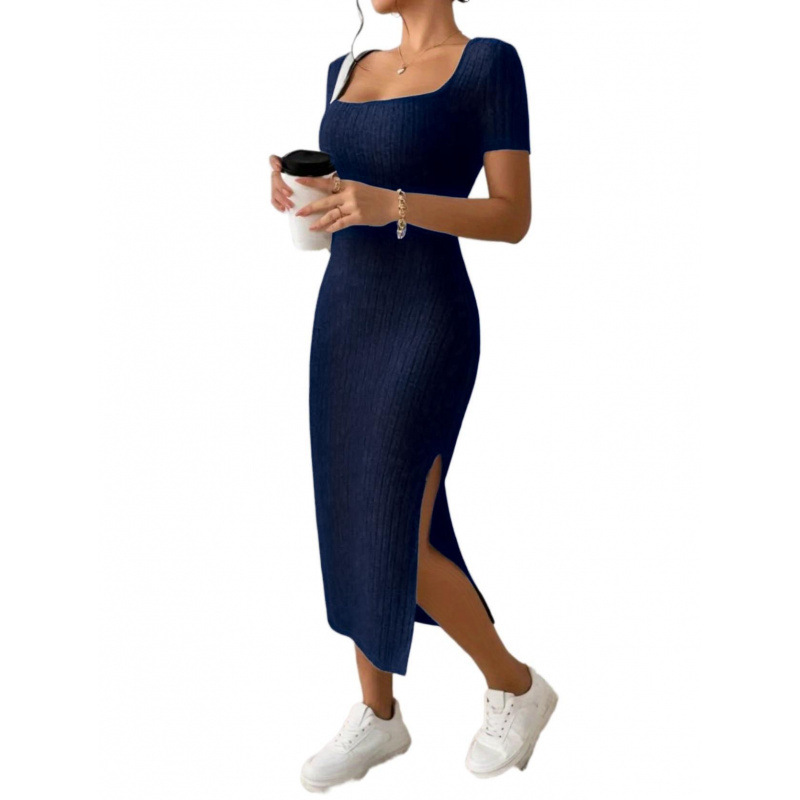 Women's Square Neck Slim Fit Bodycon Dress Sexy Slit European American Style Soft Summer Fashion Dress_ecoleips.com